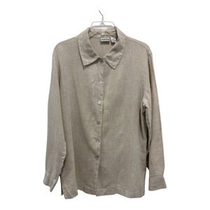 Chicos Linen Top Womens Size 2 Beige Button Up‎ Long Sleeve Side Slits Coastal